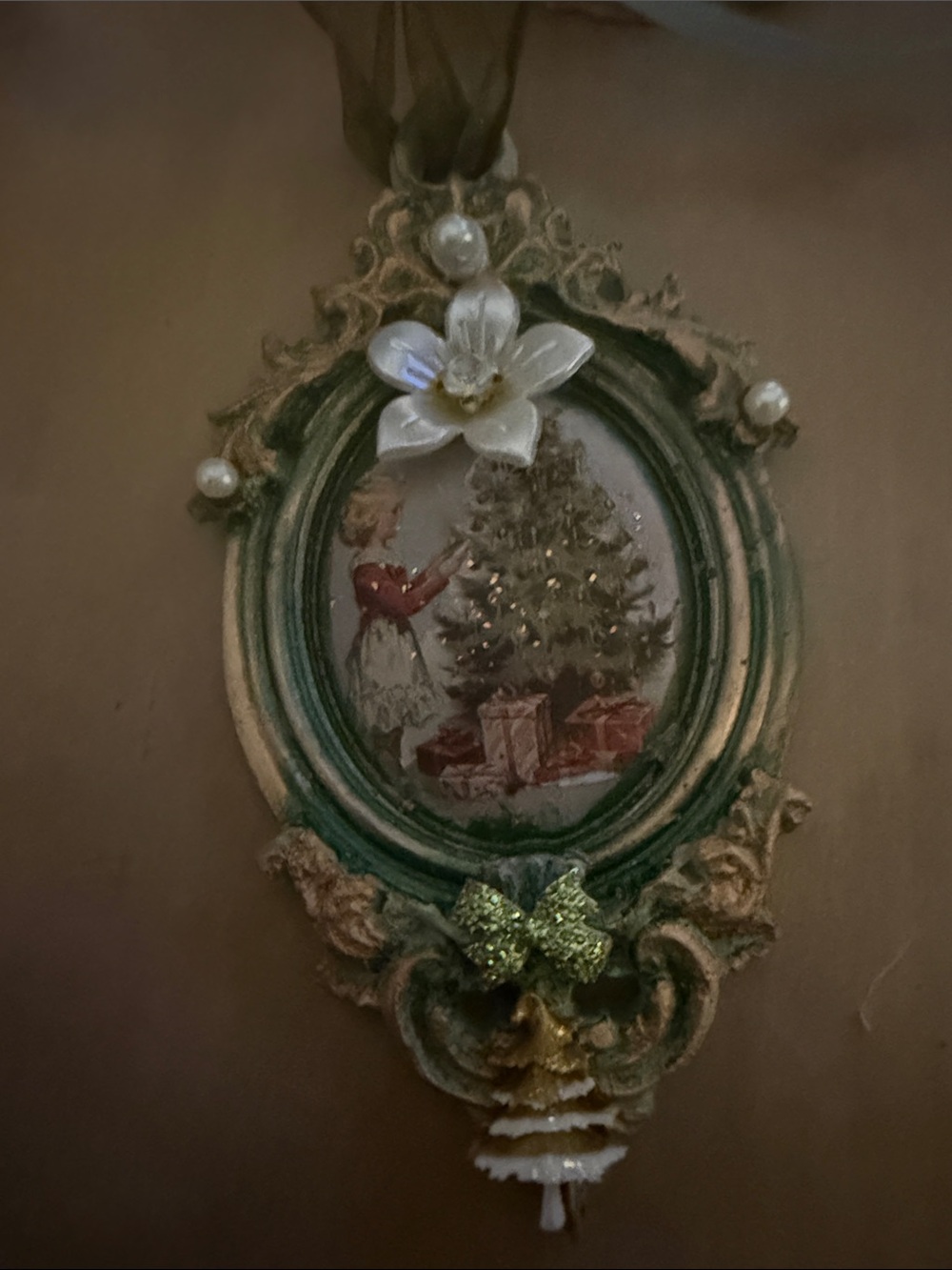 Green and Gold Vintage-Style Christmas Tree Ornament